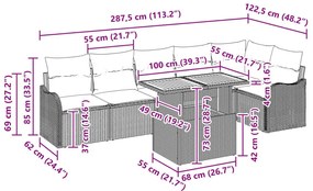 7 részes kerti kanapészett párnákkal szürke poli rattannal, 2 fős kerti kanapé tárolóval és párnákkal szürke poli rattannal