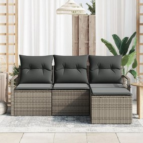 4 Részes Kert Kanapé Szett párnákkal Szürke Poli Rattan, 2-Fős Kert Kanapé párnákkal Szürke Poli Rattan