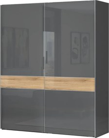 Tolóajtós magasfényű gardróbszekrény, 182x221 cm, antracit-tölgy - BISE