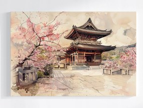 Canvas Vászonkép Japán Virágzó Templom Cseresznye Akvarell 120x80