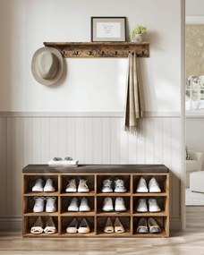 Cipőpad, tárolópad párnázott üléssel, 12 rekesszel, rusztikus barna