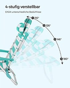 Strandszék, összecsukható kempingszék, hordozható kültéri szék, állítható háttámlával, zöld és fehér