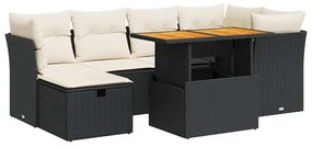 7 részes fekete polyrattan akácfa kerti ülőgarnitúra párnával