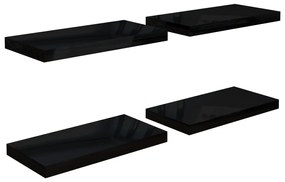 4 db magasfényű fekete MDF lebegő fali polc 50 x 23 x 3,8 cm