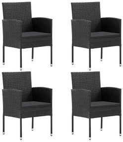 4 db fekete polyrattan kerti szék fekete párnákkal