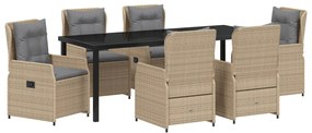 7 Darabos Kerti Étkezőszett Bézs Poli Rattan, Kerti Asztal Fekete 200x80x73 cm Edzett Üveg