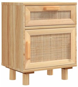 Barna tömör fenyőfa és természetes rattan éjjeliszekrény