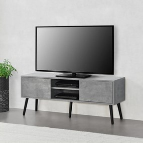 [en.casa] TV-állvány Eskilstuna 120 x 29,5 x 46,5 cm TV-szekrény polccal tévéasztal ajtóval forgácslap tömör fa lábakkal beton-hatású/fekete