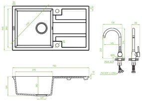 Laveo Barbados, 1 kamrás gránit mosogató 760x440x194 mm + Granit 8 mosogató csaptelep, szürke, LAV-SBBA511T