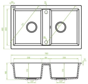 Laveo Barbados, 2 kamrás gránit mosogató 780x480x185 mm, fekete foltos, LAV-SBB_720T