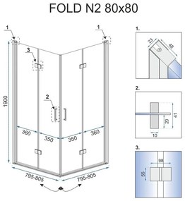 Rea - FOLD N2 összecsukható zuhanykabin 70 x 70 cm, átlátszó üveg, REA-K1950