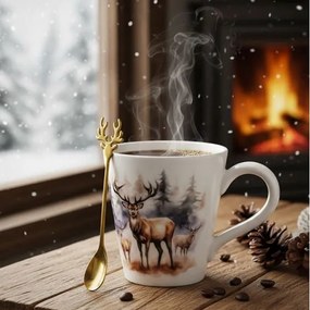 Szarvasok erdőben porcelán bögre szett rénszarvas fejes kanállal - 480 ml