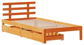 viaszbarna tömör fenyőfa ágykeret fiókokkal 90 x 200 cm