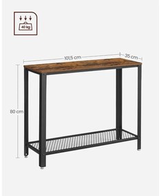Konzolasztal fém hálós polccal, rusztikus barna 101x35x80cm
