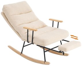 Hintaszék fa lábakkal, plüss szövettel, 4 fokozatban állítható háttámlával,  krémfehér