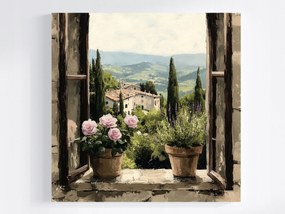 Vászonkép Canvas Ablak Olaszország Toszkána Virágok Rózsák Levendula 80x80
