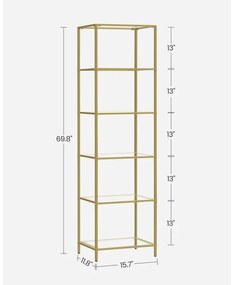 Könyvespolc, 6 szintes üvegpolc, fém kerettel, arany színű