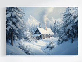 Vászonkép Canvas Tájkép Tél Hó Erdő Hegyek Ház Kunyhó Rönk 60x40