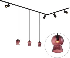 Modern fekete sínrendszer 4 spotlámpával és 3 lila függőlámpával 1 fázisú - Iconic Bell Jeana Luxe