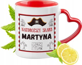 Piros bögre szív alakú füllel Martinának Ajándék