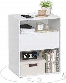 Fehér éjjeliszekrény beépített töltési funkcióval 2 nyitott polc és fiók