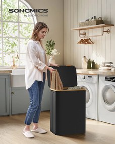 szennyeskosár fedéllel 130l, 2 rekeszes nagyméretű szennyes tartó, fekete