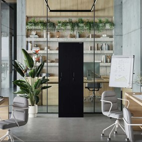 Pléh öltözőszekrény talpazaton, négymodulos, polcokkal KACPER II, 600 x 1800 x 500 mm, fekete