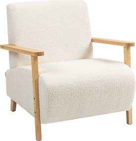 HOMCOM Karosszék háttámlával, karfákkal, kárpitozott pihenőszék Sherpa hatással, fából készült lábakkal, hálószobába, nappaliba, max. 120 kg-ig, Krémf