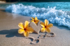 Vászonkép Canvas Tenger Tengerpart Homok Szív Virágok Plumeria 60x40