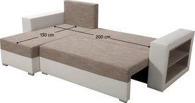 Kinyitható ülőgarnitúra polccal, fehér/barna melír, balos, MERAK ROH