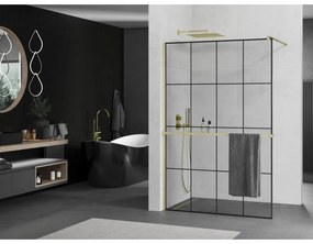 Mexen Kioto+, Walk-In zuhany paraván polccal és akasztóval 130 x 200 cm, 8 mm átlátszó üveg fekete mintás, arany matt profil, 800-130-121-55-77