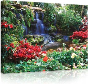 Vászonkép 100x75 Trópusi vízesés természet zöld virágok frissesség nyugalom paradicsom