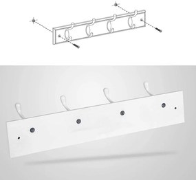 Fali fogas 4 fém kampóval, 40 x 7 x 9 cm, fehér