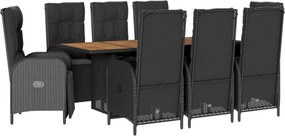 vidaXL 9 részes fekete polyrattan kerti étkezőgarnitúra párnákkal