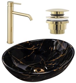 készlet Pultos mosdó Sofia marble black  + Fürdőszobai csaptelep Lungo gold + Dugó gold