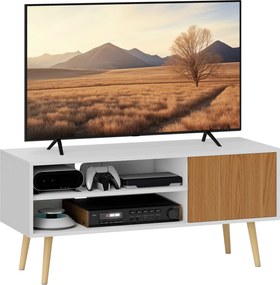 HOMCOM Modern TV Állvány TV Szekrény Nappaliba 2 Nyílt Rekesszel, 1 Ajtóval és Kábelnyílással 55 Hüvelykes TV-hez 110x40x50cm Fehér és Natúr | Aosom