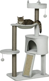 PawHut Macska Fakadály 113 cm-es Macska Torony Macska Búvóhely Sisal Oszlop Macska Kaparófa Játszófa Rámpával és Hálóval Macska Játék Világosszürke |