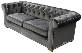 Oxford Chesterfield Kihúzható kanapé, 3 személyes 88x216x75 cm, antracitszürke