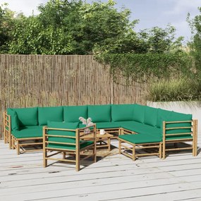 vidaXL 12 részes bambusz kerti ülőgarnitúra zöld párnákkal