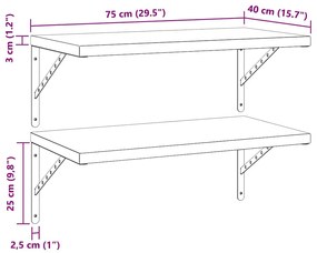 2 db fekete rozsdamentes acél fali polc 75 x 40 cm