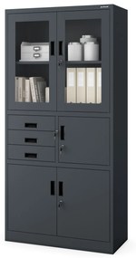 Fém iratszekrény széffel, vitrinnel és fiókokkal FILIP, 900 x 1850 x 400 mm, antracit