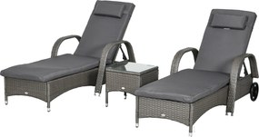 Outsunny Napozóágy Szett 3 Darabos Kerti Bútor, Polyrattan+Fém Szürke+Sötét Szürke | Aosom