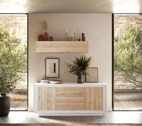 SKY 2.0 komód 2 ajtóval és 3 fiókkal, fehér matt lakkozott vázzal és Cadiz tölgy mintázatú laminált előlapokkal