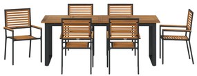 7 darabos kerti étkezőszett Fekete Poli Rattan Akác, Egymásra rakható kerti székek párban Párnák Fekete Poli Rattan