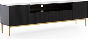 Nicole TV-szekrény 200 cm nyitott polccal és fiókokkal - matt fekete / arany lábak