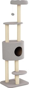 PawHut Macska Kaparófa 148 cm magasságú Macska Torony Zsinegre A csomagban 3 platformmal, házikóval és lógó labdával – Szürke | Aosom