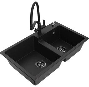 Mexen Tomas gránit 2-medencés mosogató Duo konyhai csapteleppel, fekete - 6516-77-671701-70-B