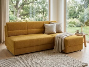 Kihúzható kétoldalas L-alakú ülőgarnitúra TAVERO 201x140 cm, mustár színű.