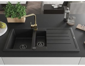 Mexen Andres, gránit mosogató 1000x500x200 mm, 1,5 kamrás, fekete, fekete szifonnal és arany Rita mosogató csaptelep, 6515-77-670300-50-B