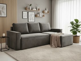 AKCIĂ sötĂ©tszĂŒrke kihĂșzhatĂł sarokkanapĂ© CAVELO, kĂ©toldalas II. osztĂĄlyĂș.